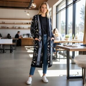 Panhandle Slim Blue and Black Aztec Western Cardigan Duster Sweater Sz M NWT